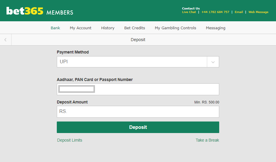 Depositing at Bet365 India